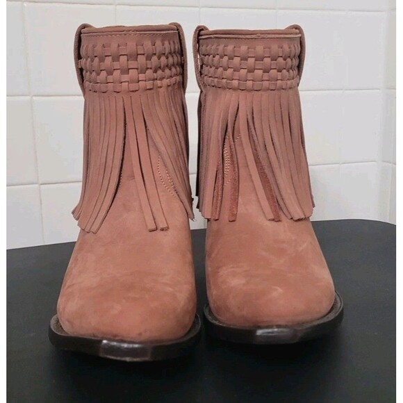 Frye Sacha Fringe Booties 8.5B Rose Taupe Suede Woven Western Ankle Boots NWOB - Picture 3 of 9